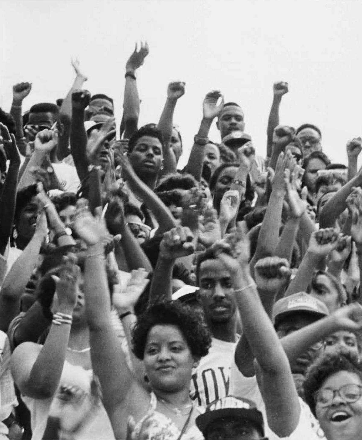 Students with fists raised 