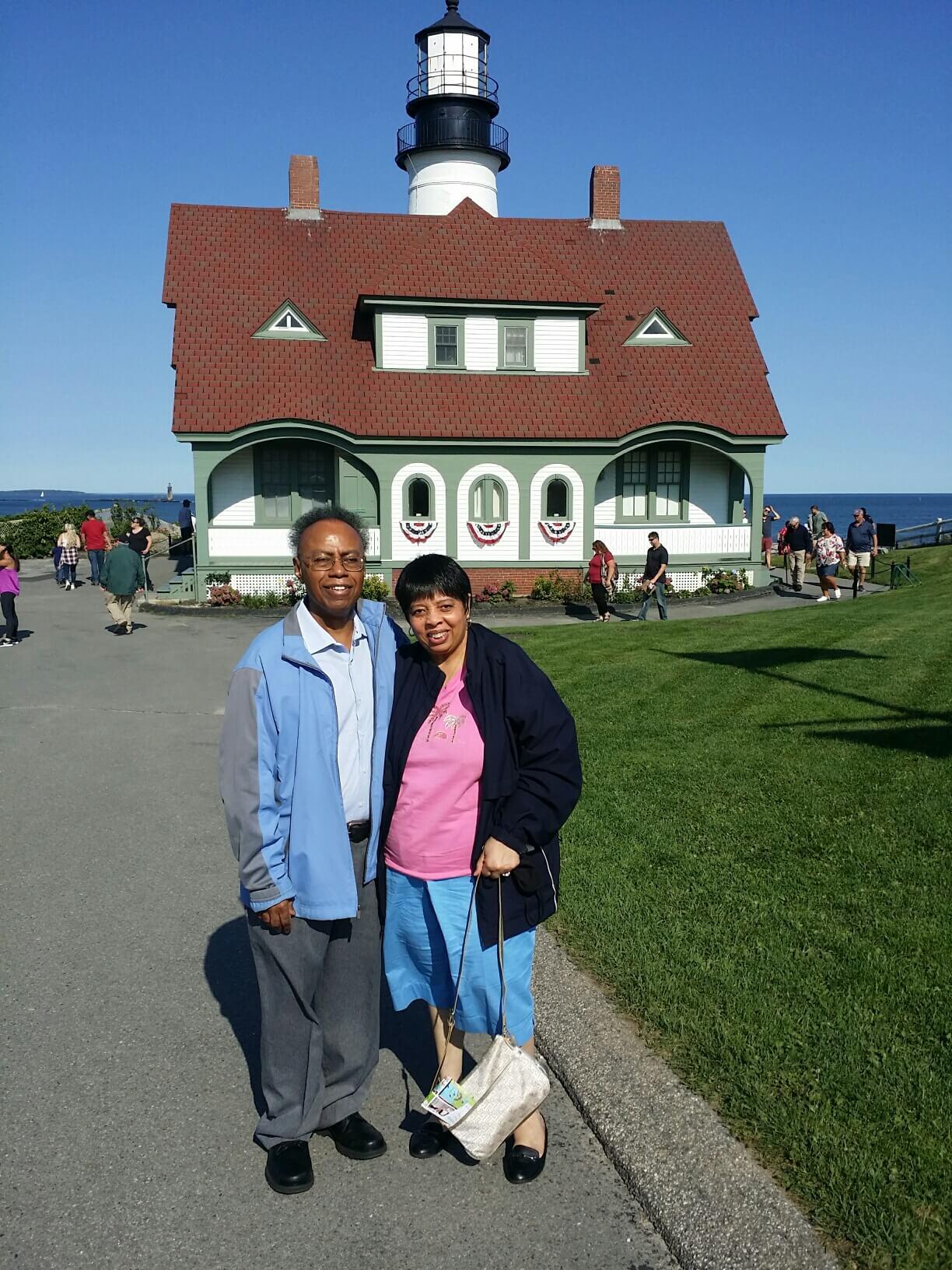 Edna King and husband standing in Maine