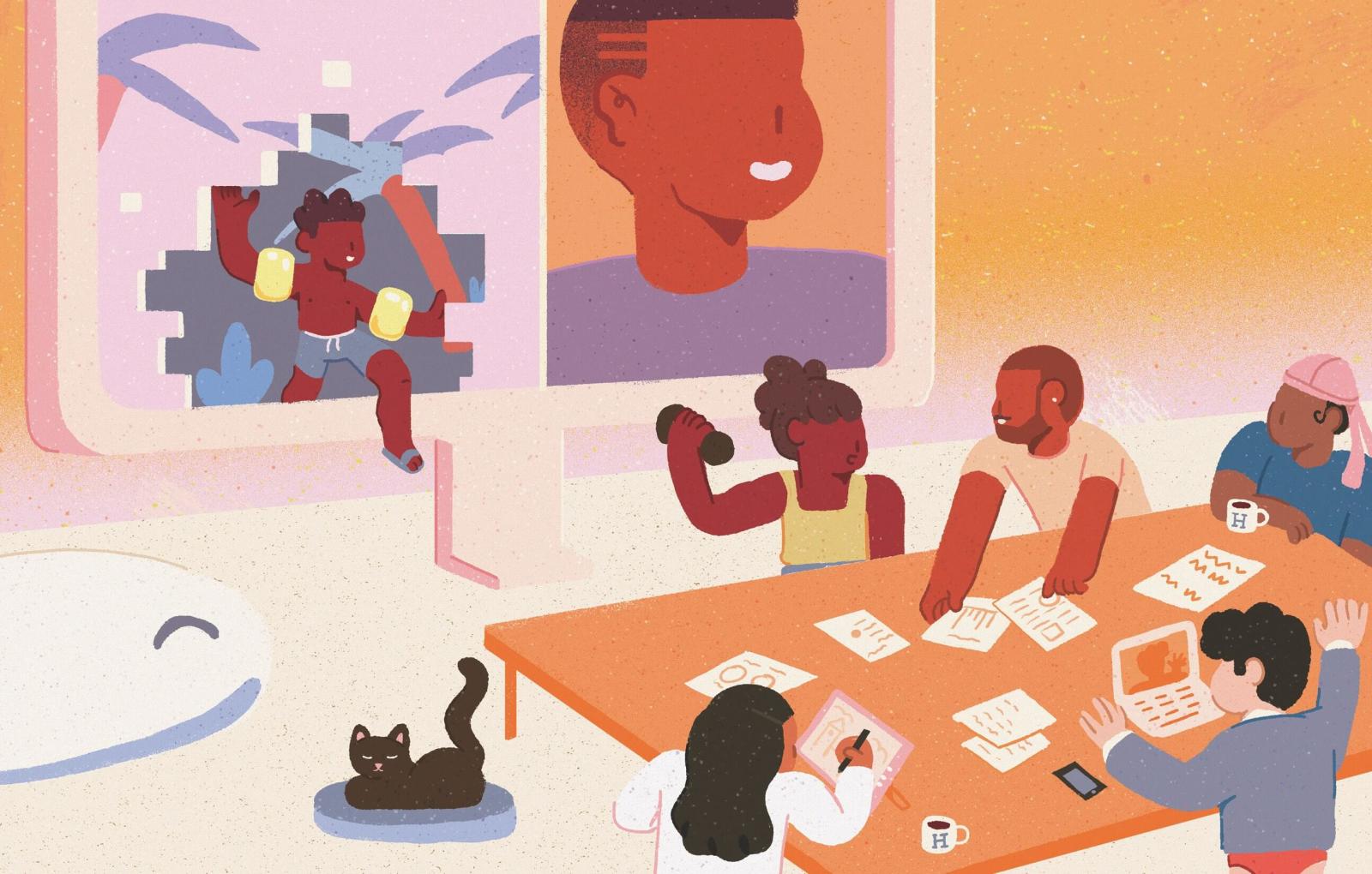 Cartoon image with people sitting around a table working