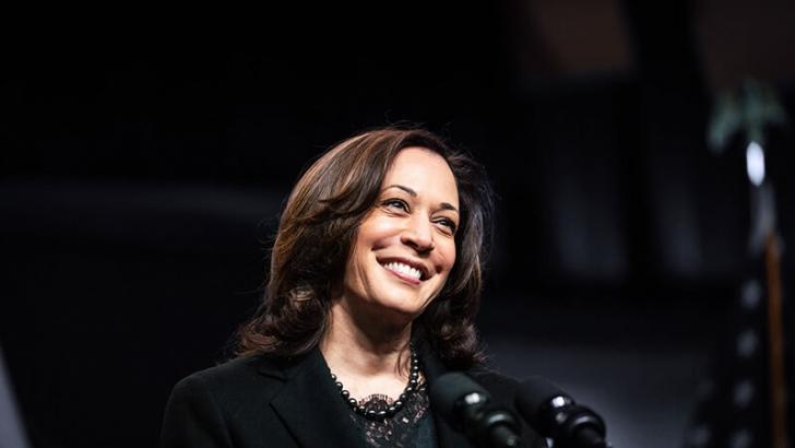 Vice President Kamala Harris at speaker podium