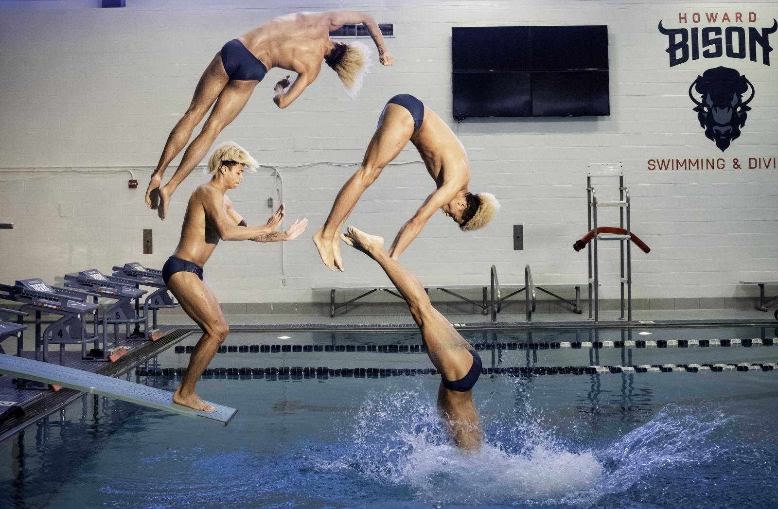 Multi-frame photo of swimmer diving into pool