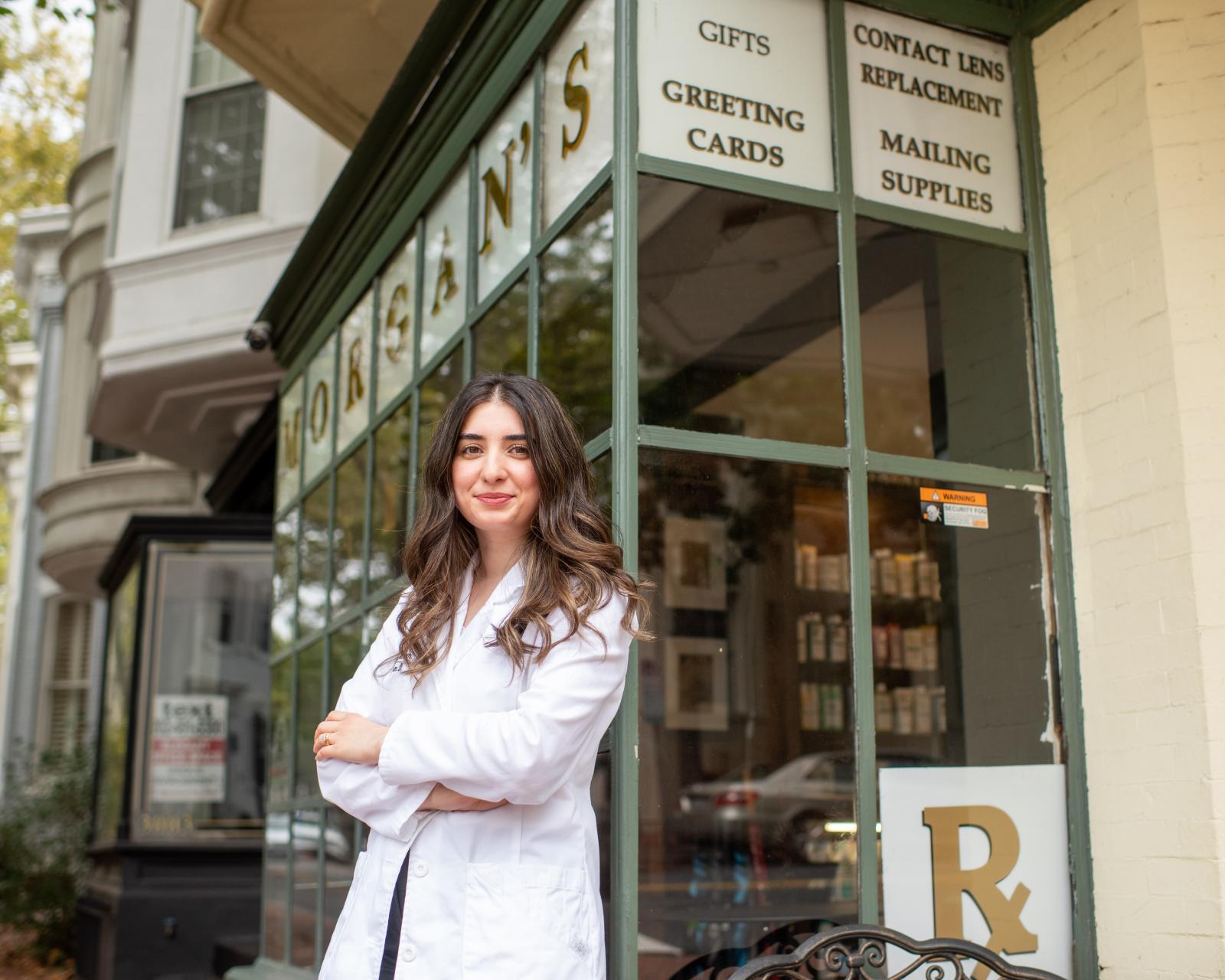 Sahar Kassam in front of Morgan's pharmacy