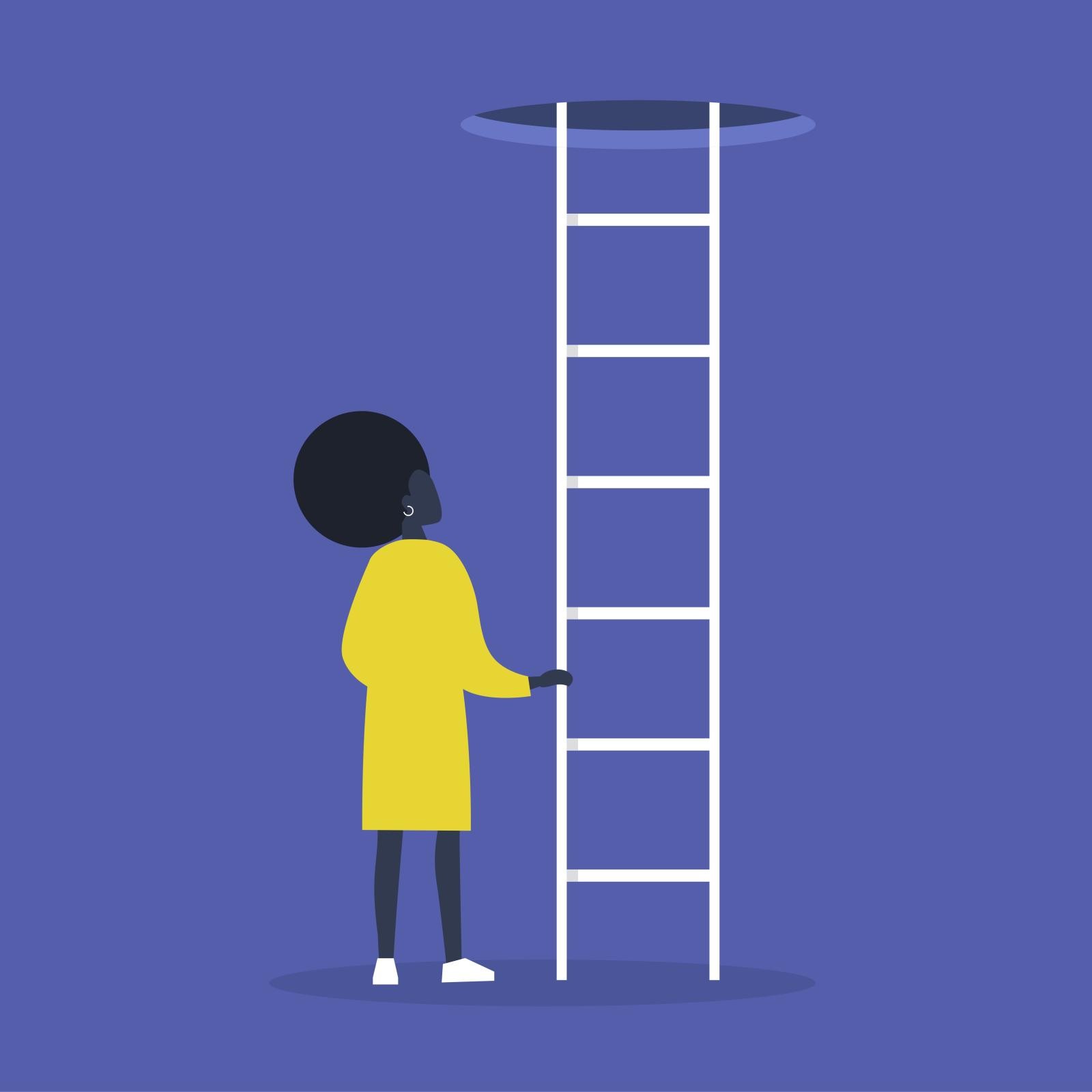 graphic of woman looking up at ladder leading out of hole