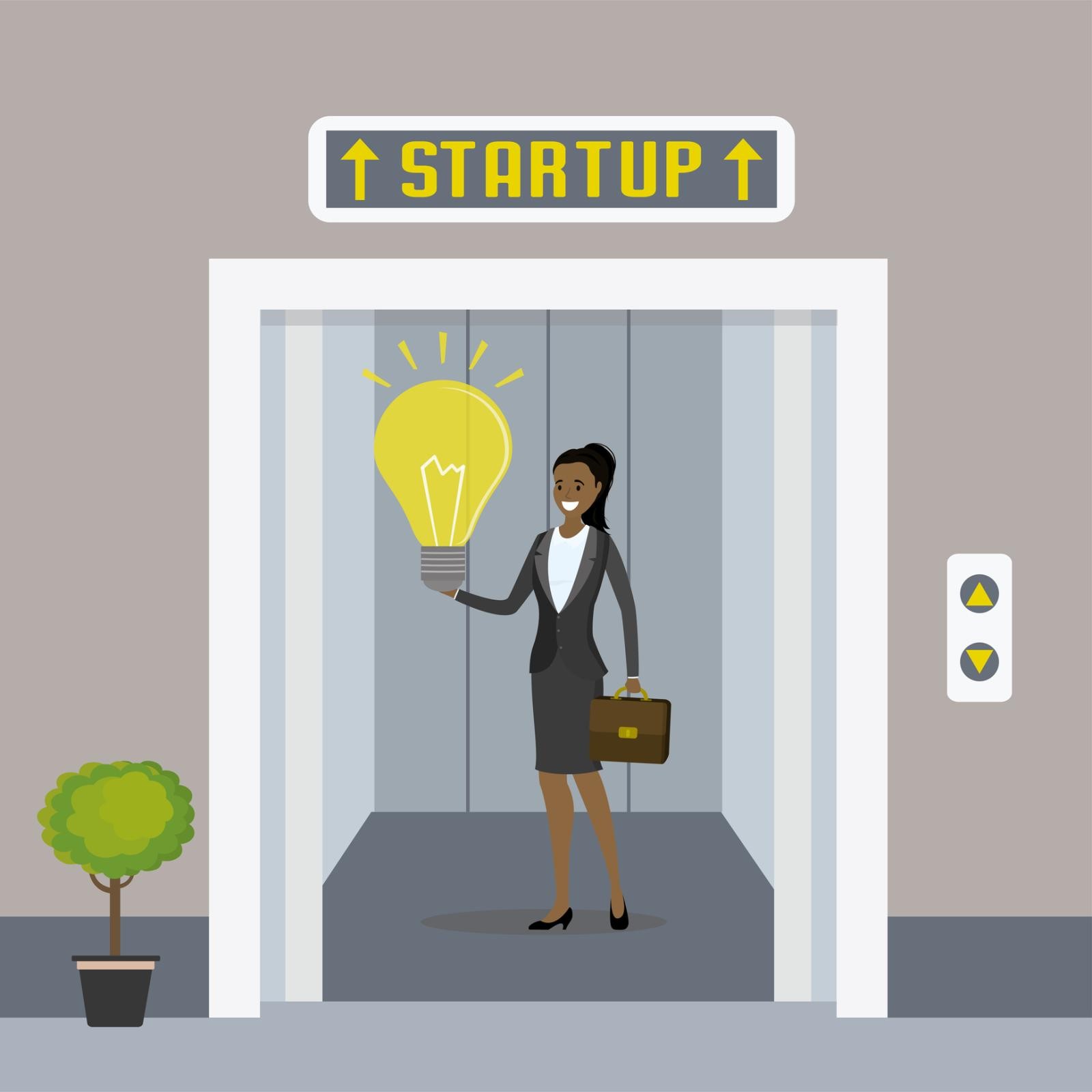 illustration of woman in elevator with lightbulb in hand and word "startup" above elevator