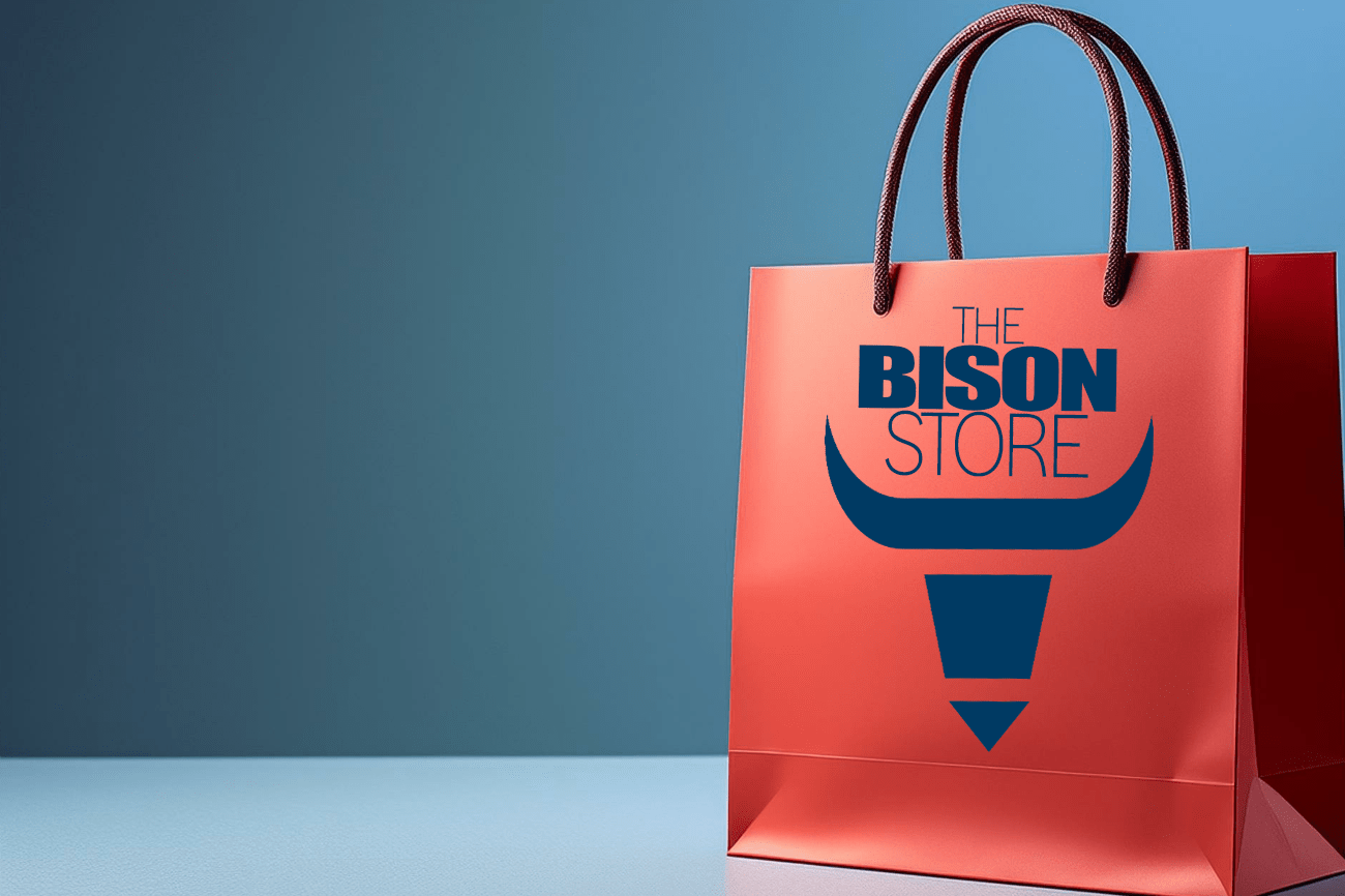 The Bison Store Logo and Bag on a blue background