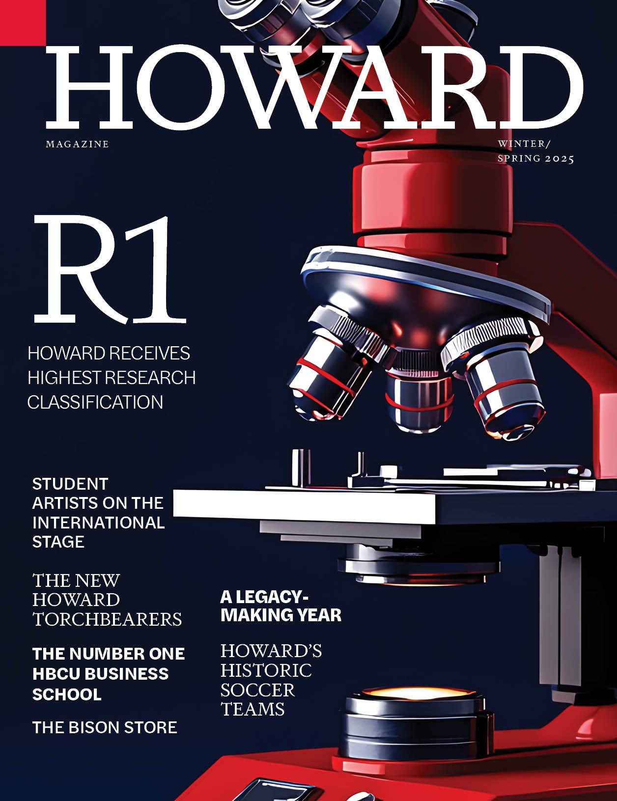 Howard University Cover Image Winter Spring 2025 featuring red microscope